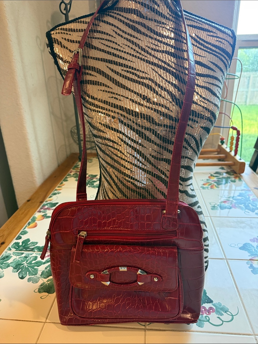 Coldwater Creek Red Croc Embossed Crossbody Purse Faux Leather Shoulder Bag